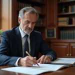 Notaire en costume dans son bureau lumineux