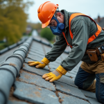 Ouvrier en protection examinant toiture en ardoise asbestos