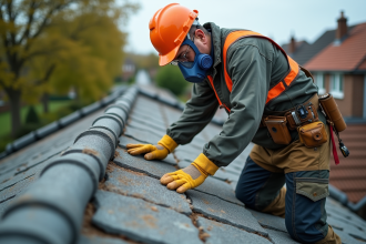 Ouvrier en protection examinant toiture en ardoise asbestos