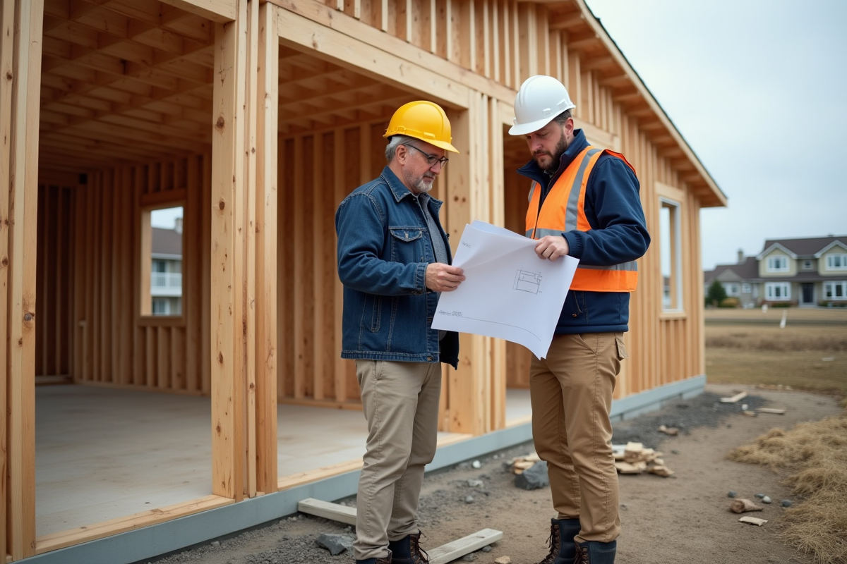 Ouvrier examinant des plans de construction sur un site en extérieur
