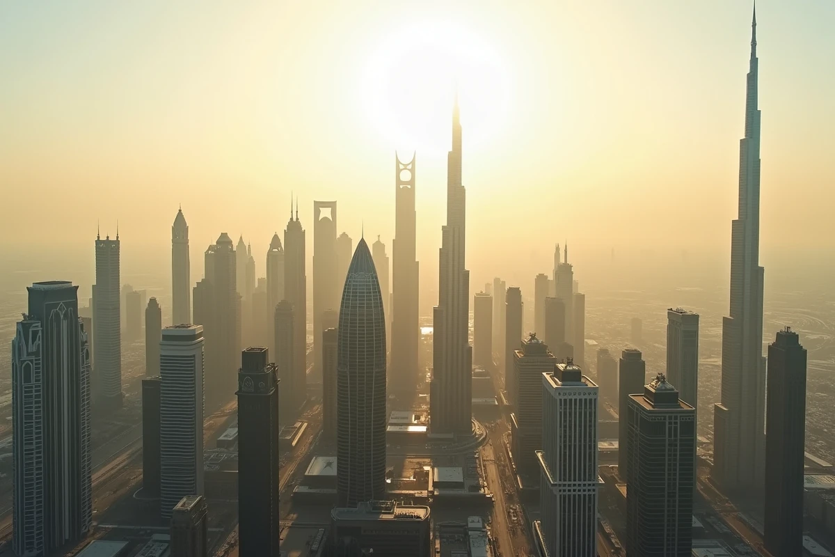 Panorama du skyline de Dubaï avec l'Almas Tower visible parmi les gratte-ciel de la marina