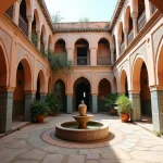 Patio intérieur d'un riad marocain en mauvais état avec carrelage zellige abîmé, fontaine sèche et crépi décollé, typique d'un riad à rénover