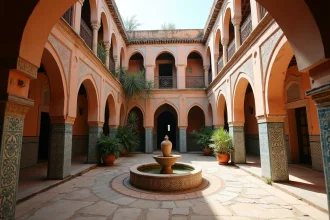 Patio intérieur d'un riad marocain en mauvais état avec carrelage zellige abîmé, fontaine sèche et crépi décollé, typique d'un riad à rénover