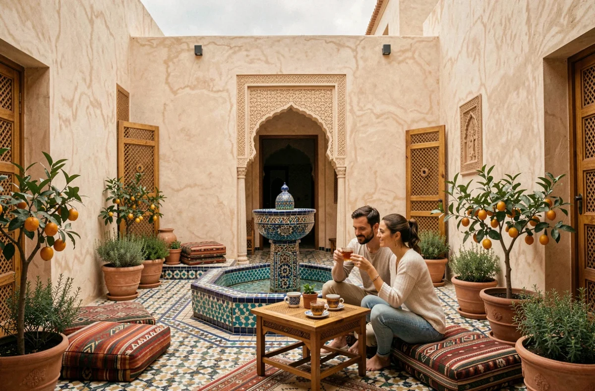 Couple profitant d'un patio traditionnel dans une maison de charme en location dans la médina d'Essaouira