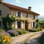 Petite maison en pierre avec jardin à louer dans le Gers, façade rustique et panneau de location en milieu rural