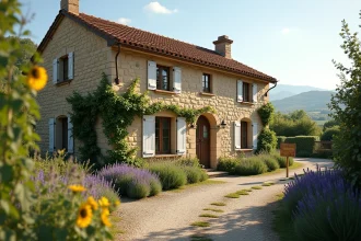 Petite maison en pierre avec jardin à louer dans le Gers, façade rustique et panneau de location en milieu rural
