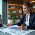 Professionnelle de l'immobilier consultant un annuaire de copropriétés dans un bureau moderne
