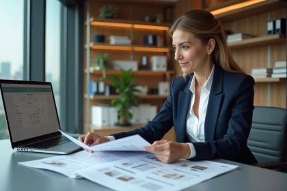 Professionnelle de l'immobilier consultant un annuaire de copropriétés dans un bureau moderne