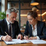 Deux professionnels en réunion dans un espace moderne et cosy