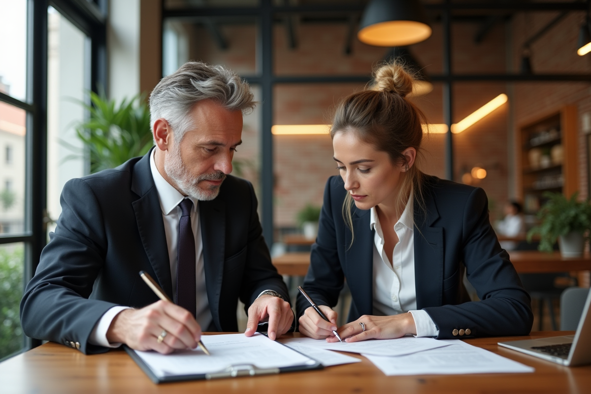 Deux professionnels en réunion dans un espace moderne et cosy