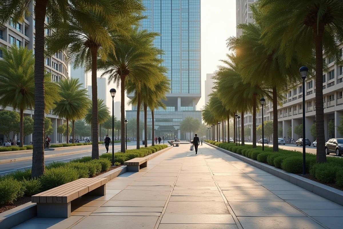 Promenade piétonne au pied de l'Almas Tower dans le quartier de Jumeirah Lake Towers à Dubaï