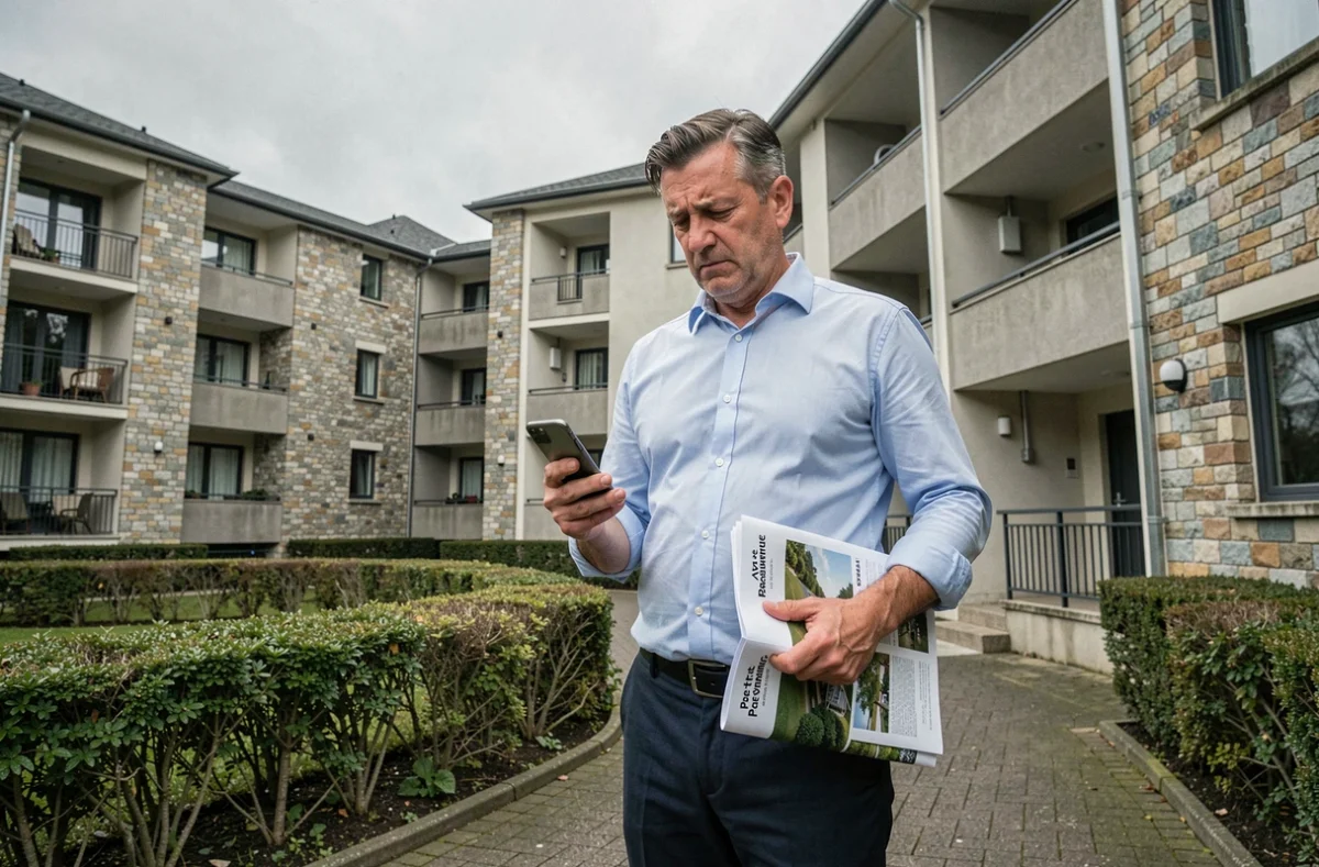 Propriétaire en multipropriété debout devant une résidence Pierre et Vacances consultant son téléphone pour vendre son bien