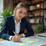 Professionnelle analysant une carte locale pour structurer sa prospection commerciale de proximité
