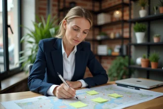 Professionnelle analysant une carte locale pour structurer sa prospection commerciale de proximité