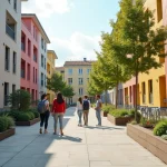 Rue rénovée d'un quartier en transformation à Alès avec façades colorées et mobilier urbain neuf