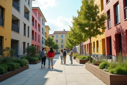 Rue rénovée d'un quartier en transformation à Alès avec façades colorées et mobilier urbain neuf