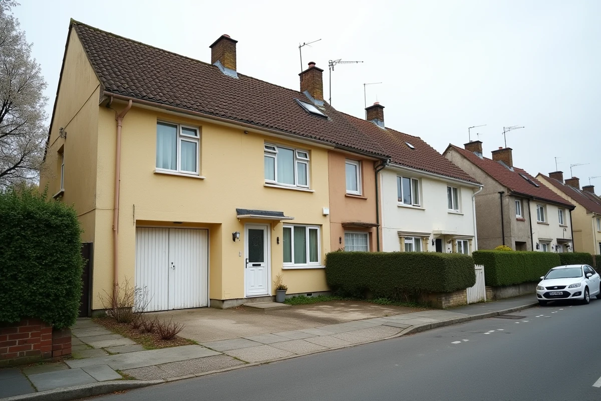 Rangée de maisons mitoyennes avec garages en zone pavillonnaire française montrant l'état des murs communs