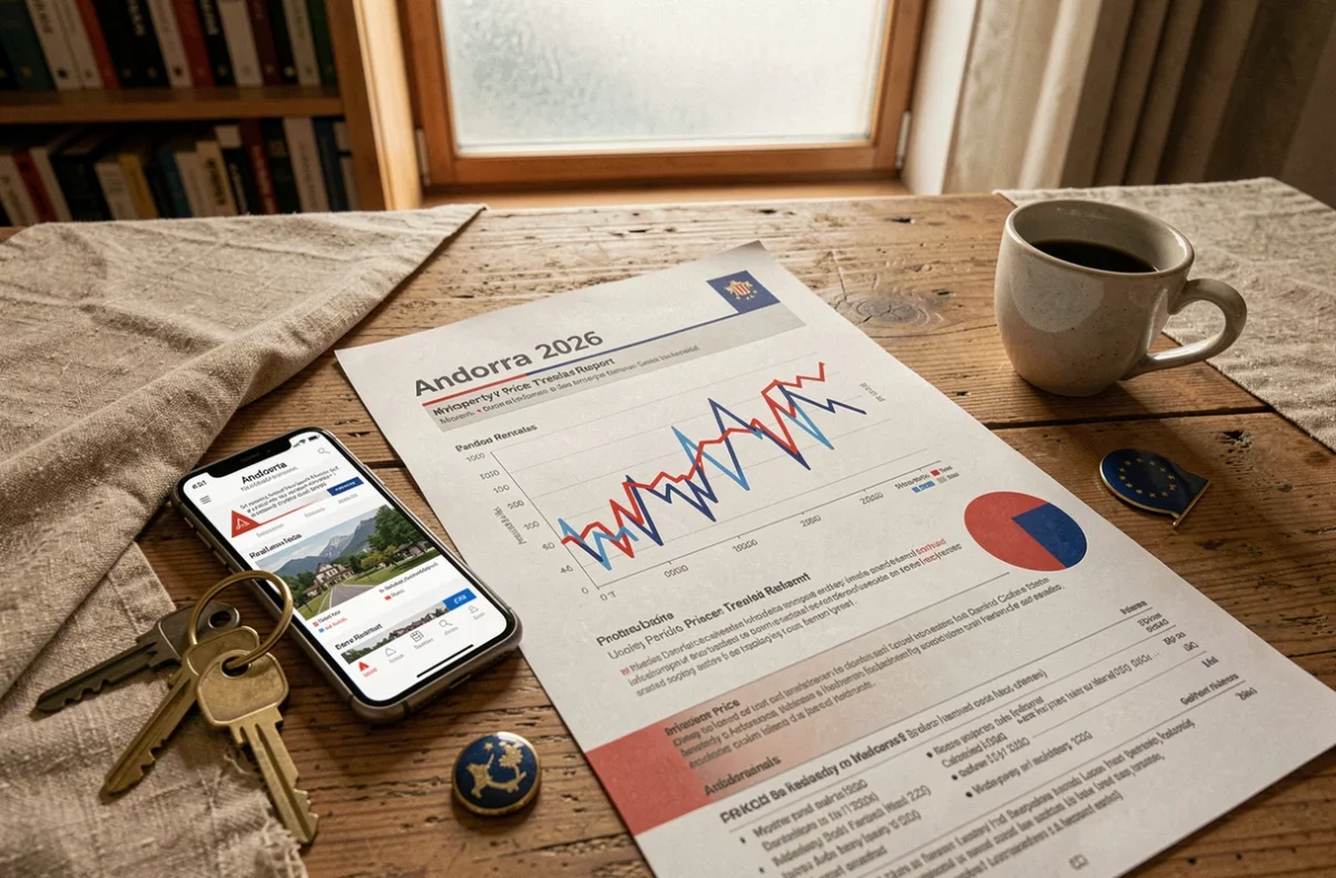 Vue aérienne d'un rapport de tendances de prix immobiliers en Andorre en 2026 avec clés et smartphone sur bureau en chêne