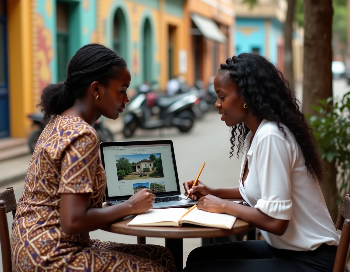 Deux femmes sénégalaises recherchant un terrain à acheter en groupe sur internet dans un café à Dakar