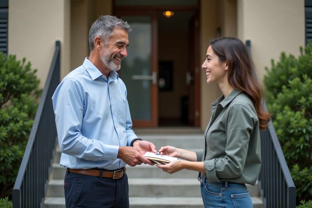 Homme remettant des clés à une jeune locataire devant un immeuble