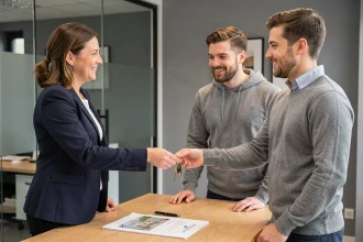 Agent immobilier remettant des clés à un couple lors de la signature d'une attestation de remise de clés