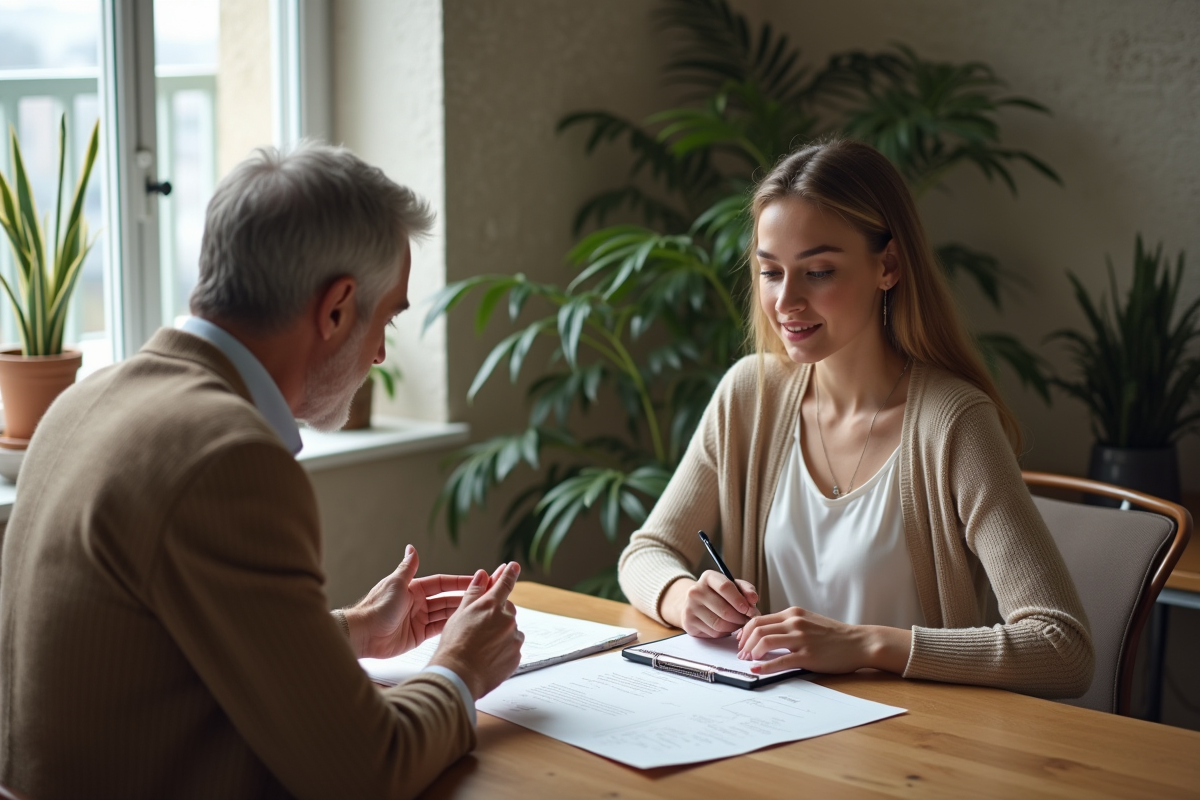 Jeune femme discutant avec un conseiller dans un bureau chaleureux
