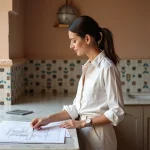Designer intérieur examinant des plans de rénovation dans un appartement à Marrakech avec carrelage zellige traditionnel et finitions modernes