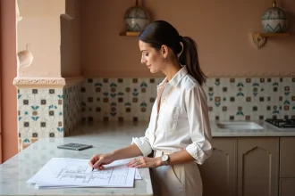 Designer intérieur examinant des plans de rénovation dans un appartement à Marrakech avec carrelage zellige traditionnel et finitions modernes