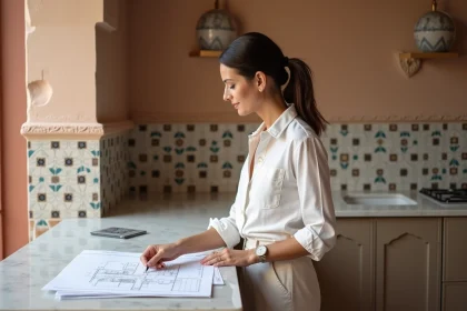 Designer intérieur examinant des plans de rénovation dans un appartement à Marrakech avec carrelage zellige traditionnel et finitions modernes