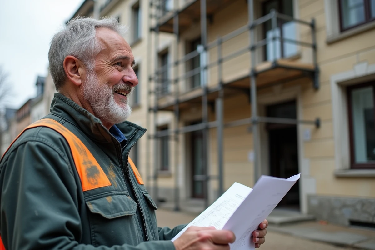 Ouvrier devant un immeuble rénové dans un ancien quartier défavorisé d'Alès