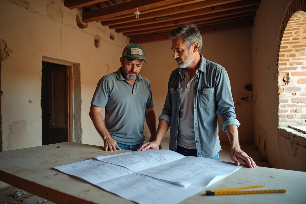 Architecte et entrepreneur marocain examinant des plans de rénovation dans une pièce d'un riad délabré avec murs en briques apparentes