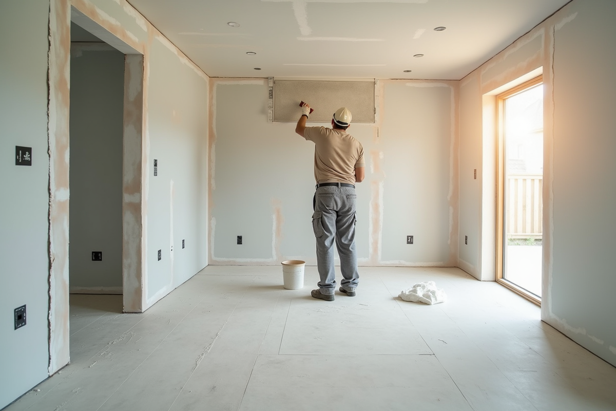 Professionnel appliquant de la compound sur joint de placo dans une pièce lumineuse
