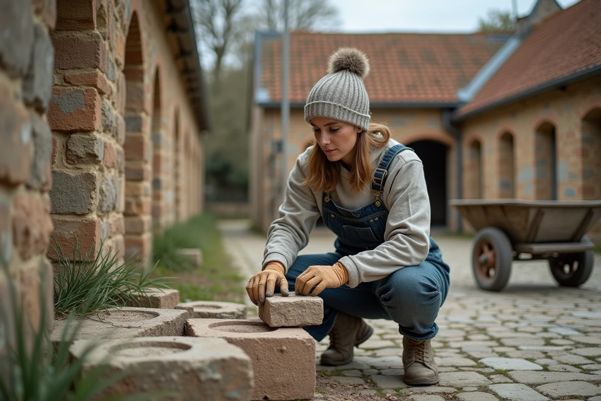 Femme inspectant des pierres de taille dans la cour d'un château abandonné en cours de restauration