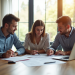 Trois personnes autour d'une table avec documents et ordinateur