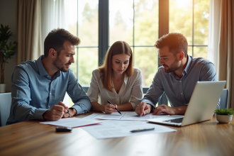 Trois personnes autour d'une table avec documents et ordinateur