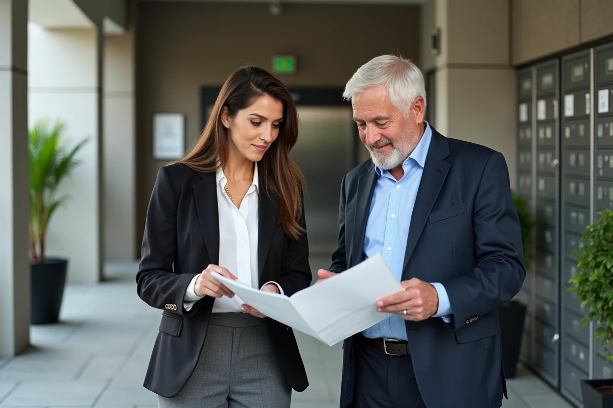 Homme et femme discutant dans un hall d