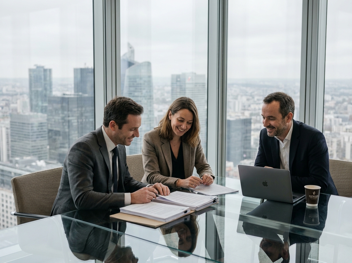 Réunion d'équipe professionnelle dans une salle de conférence avec vue panoramique sur La Défense
