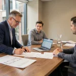 Syndic de copropriété et copropriétaires examinant les documents financiers pour un appel de fonds travaux lors d'une réunion