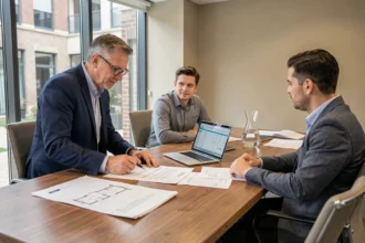 Syndic de copropriété et copropriétaires examinant les documents financiers pour un appel de fonds travaux lors d'une réunion