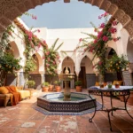 Cour intérieure d'un riad marocain à vendre à Marrakech avec fontaine en zellige, orangers et mobilier traditionnel évoquant un investissement immobilier