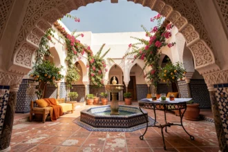 Cour intérieure d'un riad marocain à vendre à Marrakech avec fontaine en zellige, orangers et mobilier traditionnel évoquant un investissement immobilier