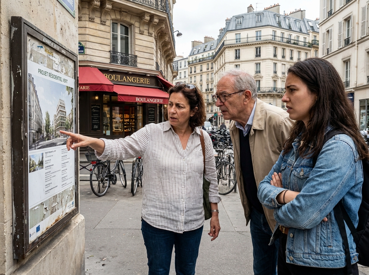 Habitants du 12e arrondissement de Paris consultant un panneau d'affichage d'un programme immobilier neuf dans leur quartier