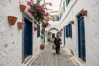 Ruelle pittoresque de la médina d'Essaouira avec portes bleues et femme en djellaba marchant vers une maison de charme