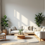 Salon moderne avec mobilier neutre et lumière naturelle