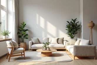 Salon moderne avec mobilier neutre et lumière naturelle