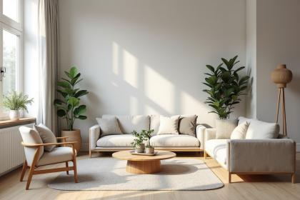 Salon moderne avec mobilier neutre et lumière naturelle