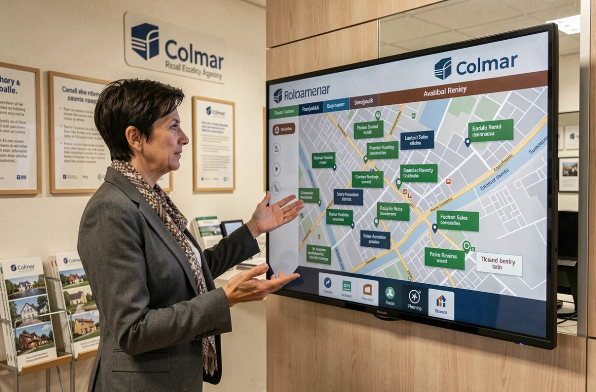 Conseillère de Seckler Immobilier Colmar présentant une carte des biens locatifs disponibles sur un écran numérique