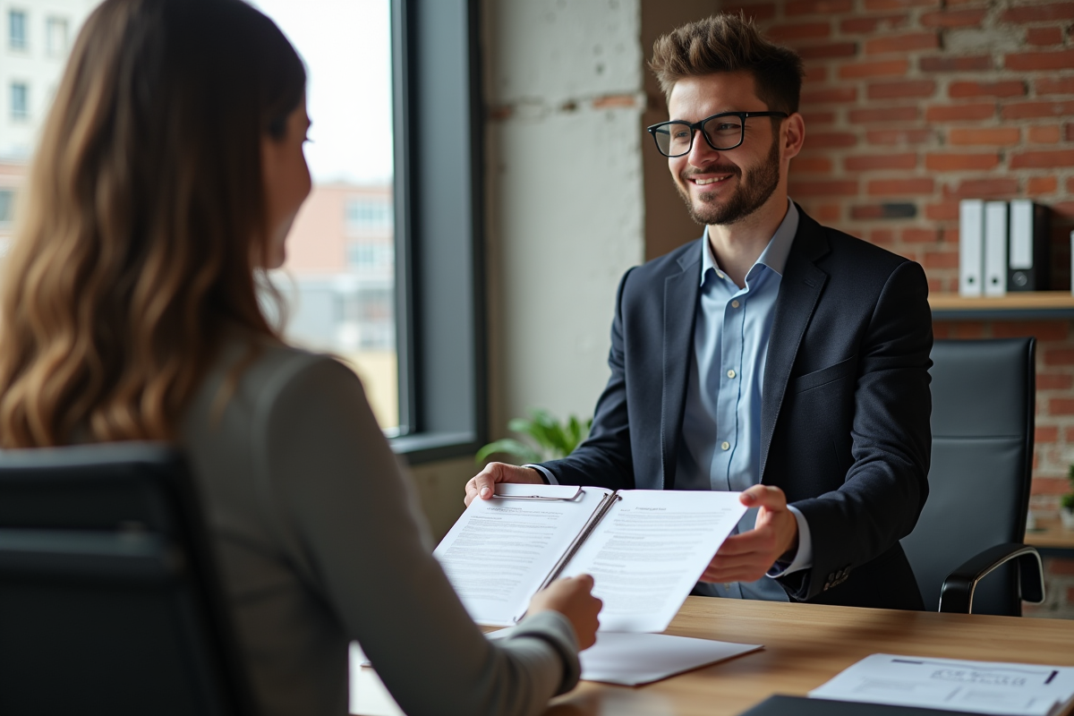 Homme remettant un contrat de location à une femme en bureau professionnel