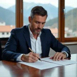 Homme en blazer signant un contrat d'achat immobilier dans un bureau avec vue sur les montagnes d'Andorre