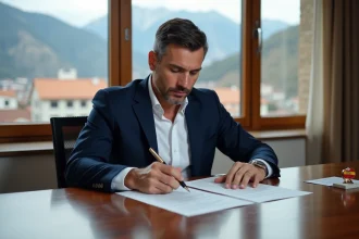 Homme en blazer signant un contrat d'achat immobilier dans un bureau avec vue sur les montagnes d'Andorre